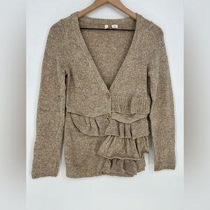 Anthropologie Moth Wool Split Decision Ruffle‎ Cardigan In Tan- Size Small